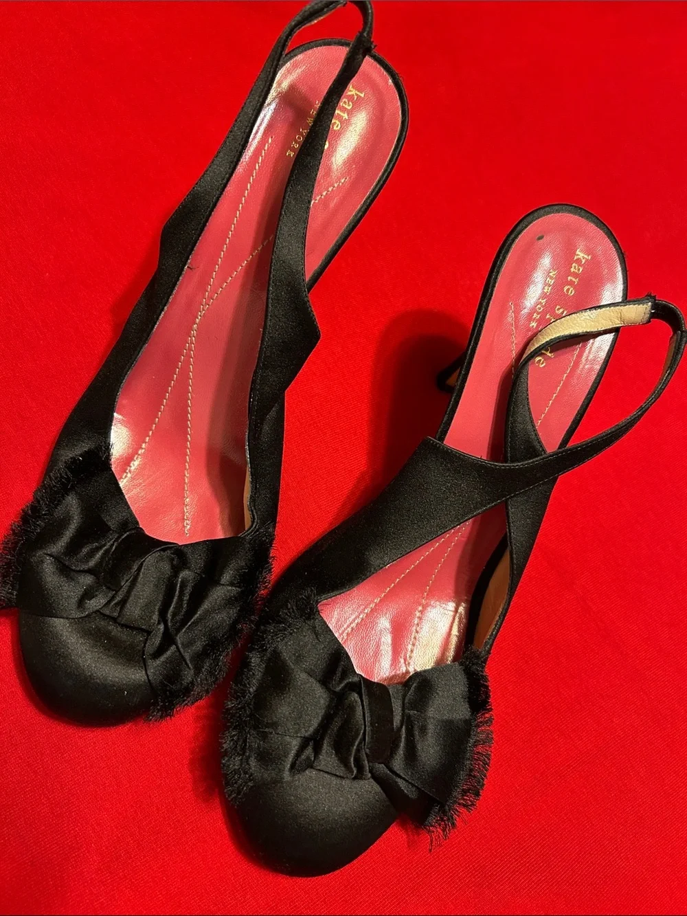 kate spade Black Satin Slingback Heels with Pink Insole and Bow